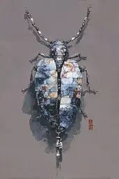 Midjourney generated image using SREF code Wobblebristle: A painting of a beetle on a gray background.