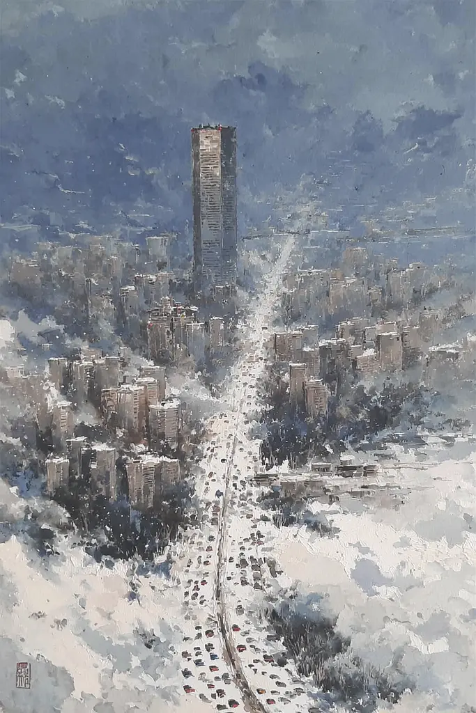 Midjourney generated image using SREF code Wobblebristle: A painting of a city in the snow. 