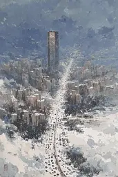 Midjourney generated image using SREF code Wobblebristle: A painting of a city in the snow. 