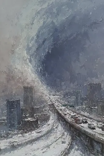 Midjourney generated image using SREF code Wobblebristle: A painting of a city in the snow. 