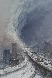 Midjourney generated image using SREF code Wobblebristle: A painting of a city in the snow. 