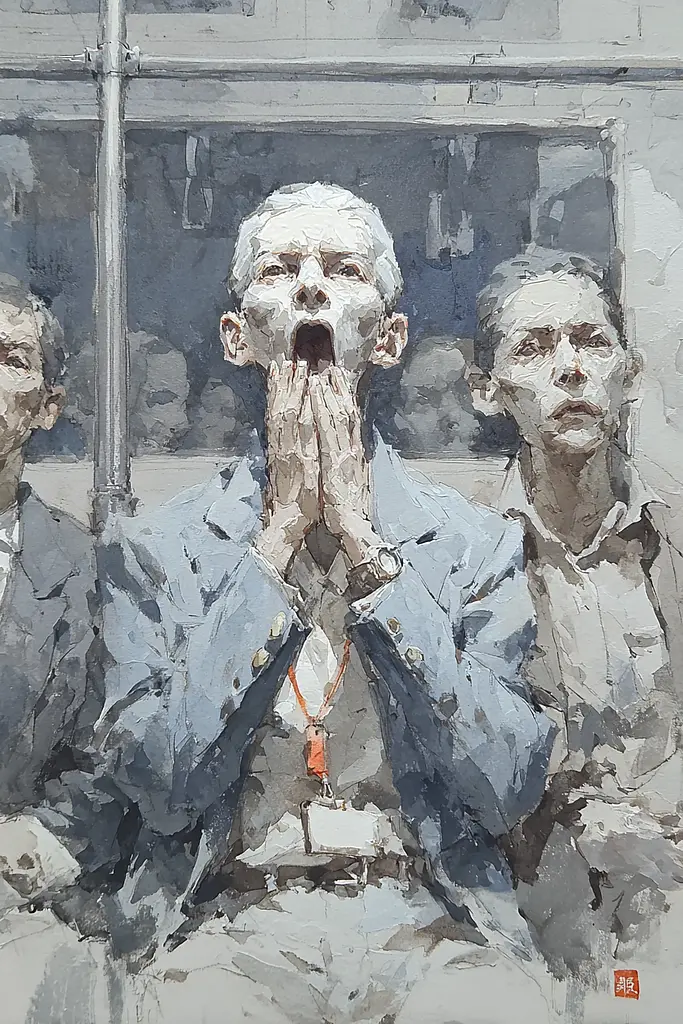 Midjourney generated image using SREF code Wobblebristle: A painting of a man covering his mouth with his hands.