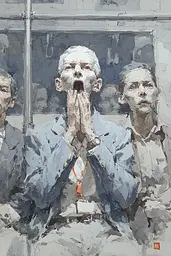 Midjourney generated image using SREF code Wobblebristle: A painting of a man covering his mouth with his hands.