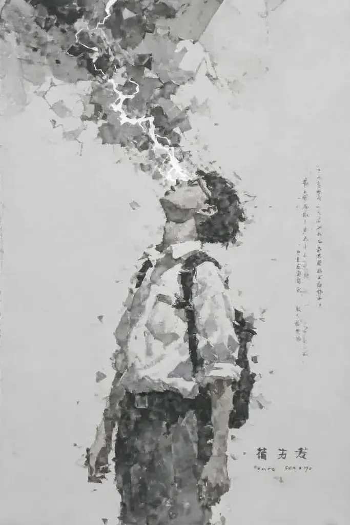 Midjourney generated image using SREF code Wobblebristle: A painting of a man with a backpack smoking a cigarette.