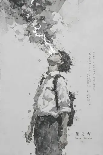 Midjourney generated image using SREF code Wobblebristle: A painting of a man with a backpack smoking a cigarette.