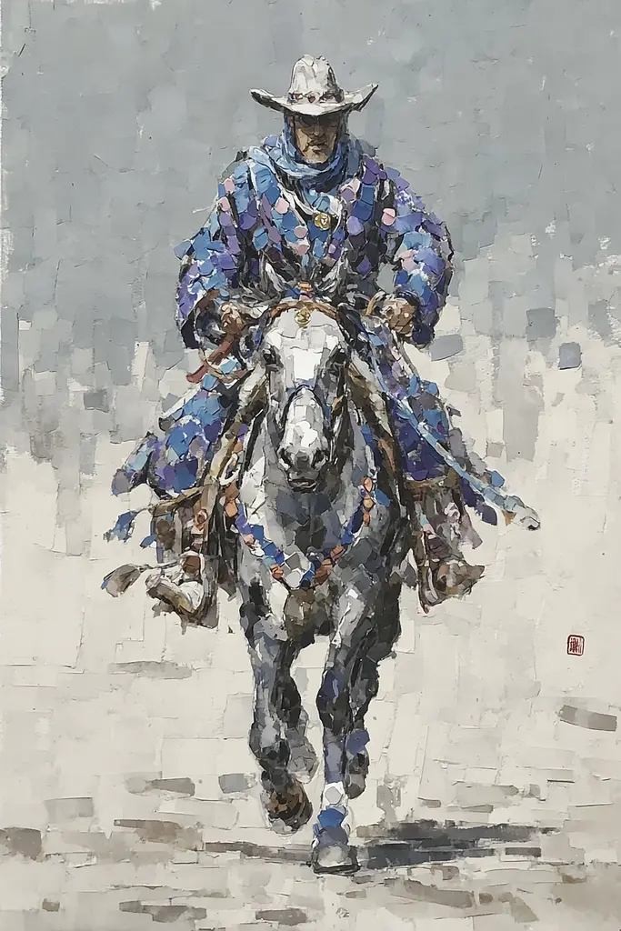 Midjourney generated image using SREF code Wobblebristle: A painting of a cowboy riding a horse.