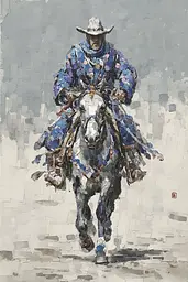 Midjourney generated image using SREF code Wobblebristle: A painting of a cowboy riding a horse.