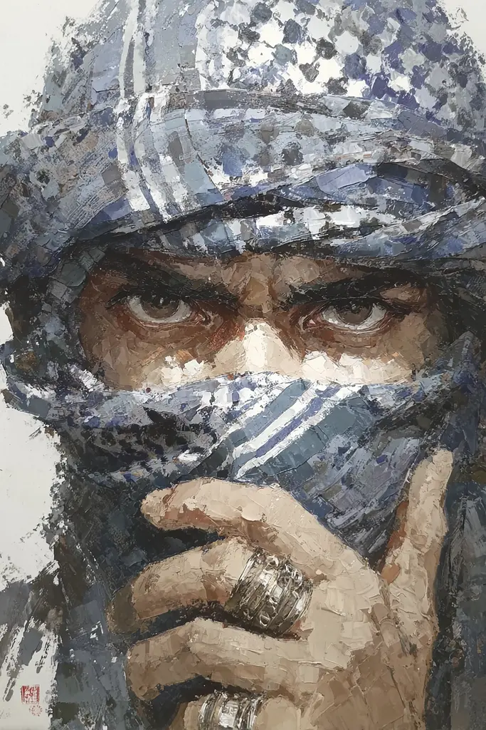 Midjourney generated image using SREF code Wobblebristle: A painting of a man with a bandana covering his face.