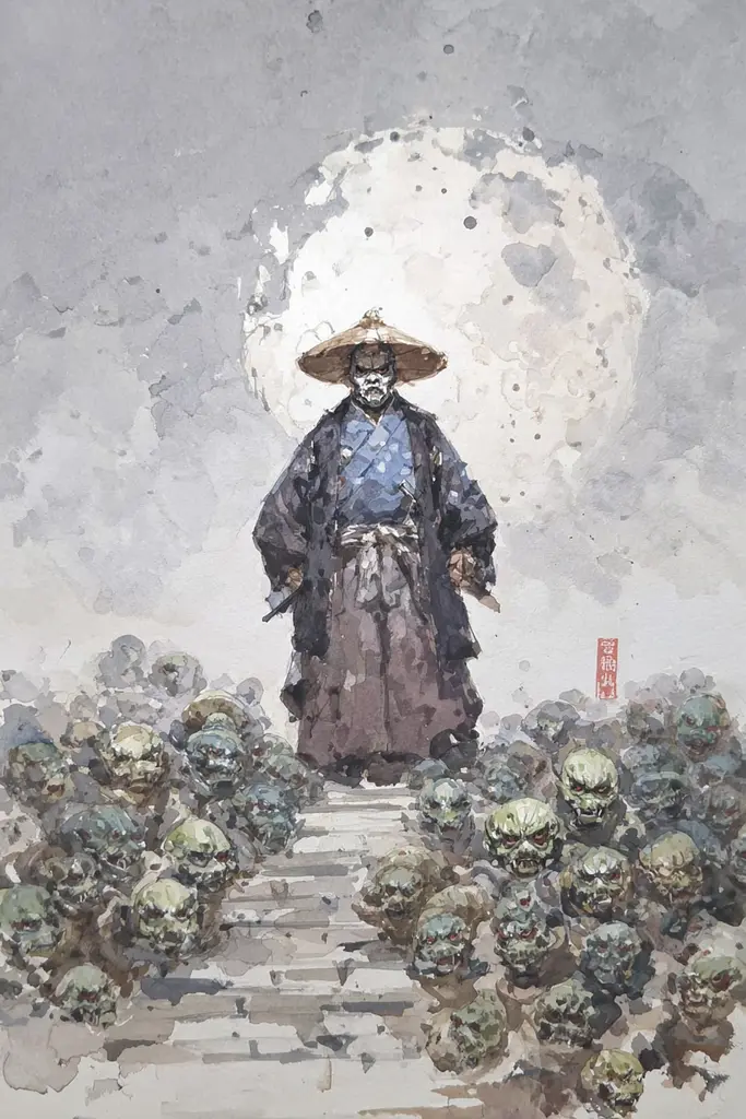 Midjourney generated image using SREF code Wobblebristle: A painting of a man standing in front of a large group of skulls.