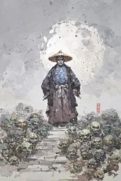 Midjourney generated image using SREF code Wobblebristle: A painting of a man standing in front of a large group of skulls.
