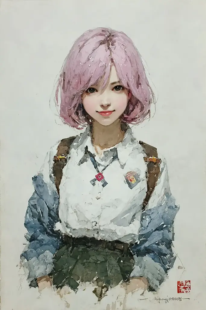 Midjourney generated image using SREF code Wobblebristle: A painting of a girl with pink hair and a backpack.