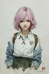 Midjourney generated image using SREF code Wobblebristle: A painting of a girl with pink hair and a backpack.