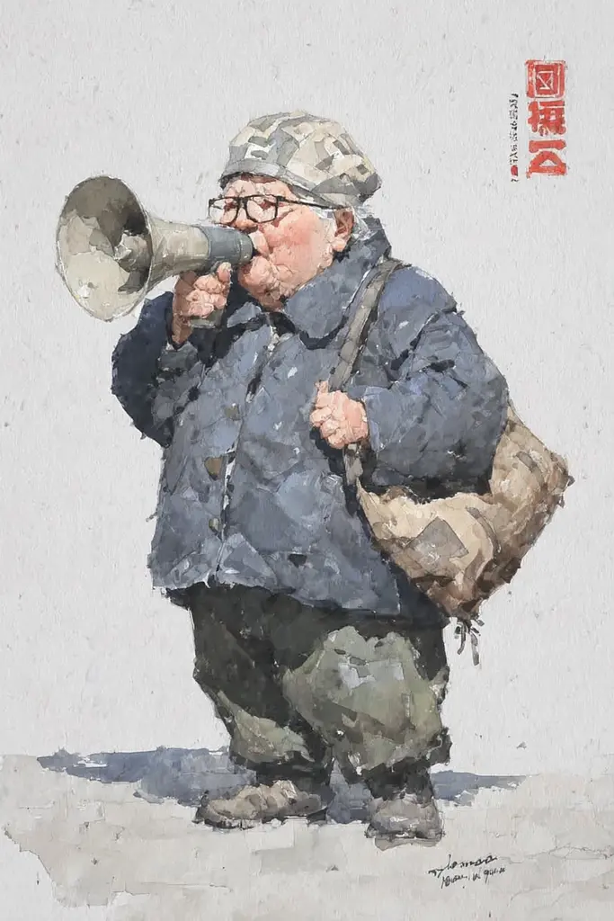 Midjourney generated image using SREF code Wobblebristle: A painting of a man with a megaphone in his mouth.