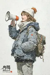 Midjourney generated image using SREF code Wobblebristle: A painting of a girl holding a megaphone in her hand.