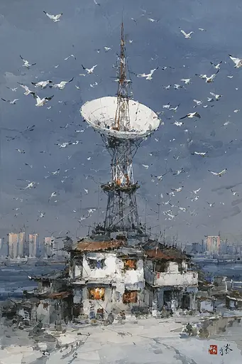 Midjourney generated image using SREF code Wobblebristle: A painting of a satellite dish with birds flying around it.