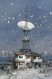 Midjourney generated image using SREF code Wobblebristle: A painting of a satellite dish with birds flying around it.