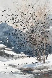 Midjourney generated image using SREF code Wobblebristle: A painting of a flock of birds flying over a snowy landscape.