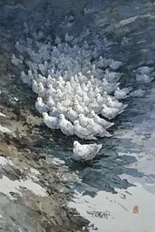 Midjourney generated image using SREF code Wobblebristle: A painting of a flock of white birds on a beach.