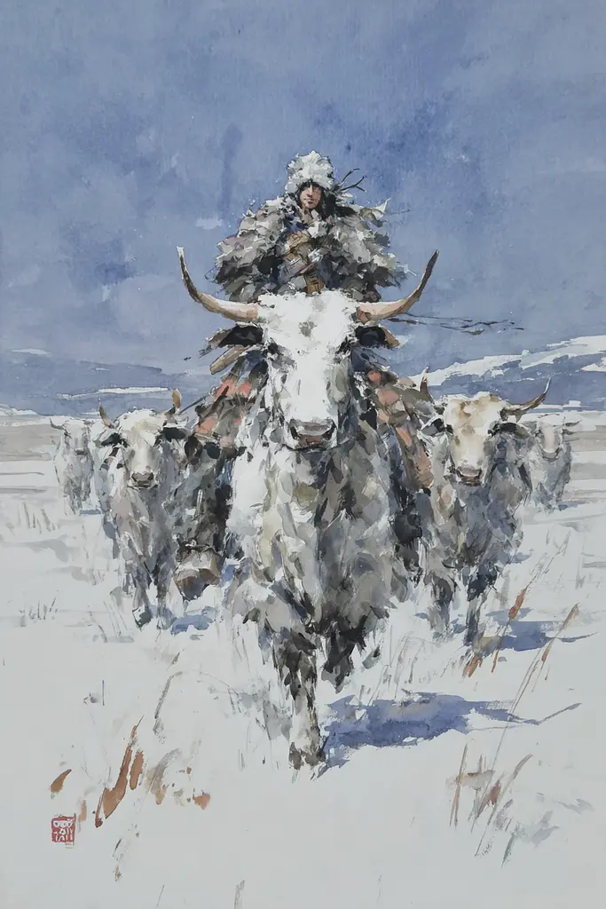 Midjourney generated image using SREF code Wobblebristle: A painting of a man riding on the back of a bull.