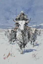 Midjourney generated image using SREF code Wobblebristle: A painting of a man riding on the back of a bull.