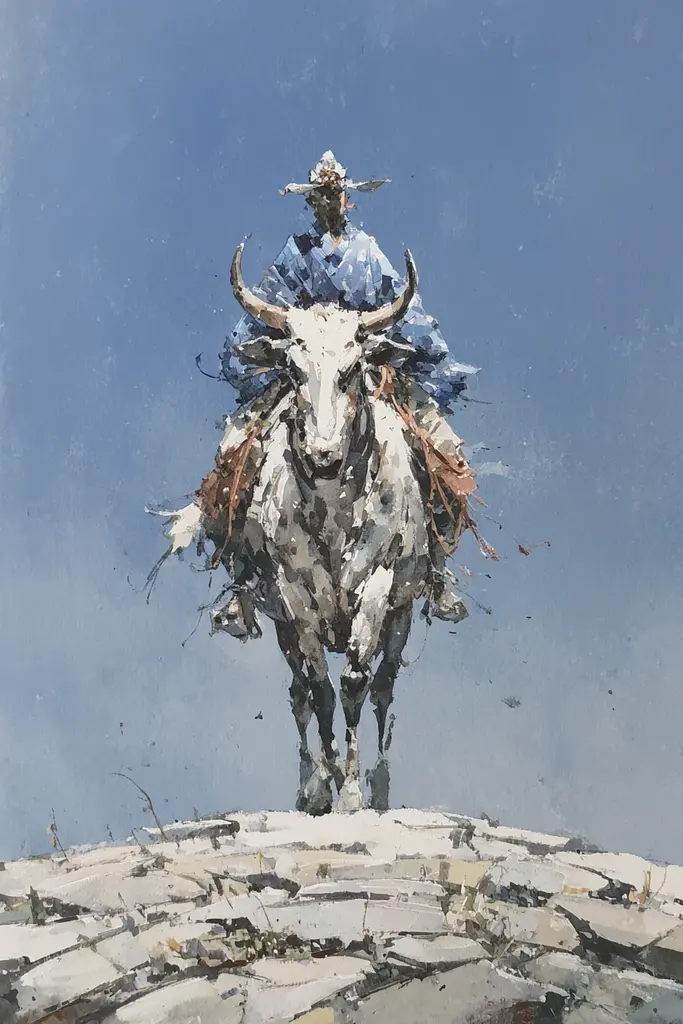 Midjourney generated image using SREF code Wobblebristle: A painting of a cowboy riding a bull on top of a hill.