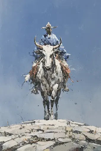Midjourney generated image using SREF code Wobblebristle: A painting of a cowboy riding a bull on top of a hill.