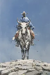 Midjourney generated image using SREF code Wobblebristle: A painting of a cowboy riding a bull on top of a hill.