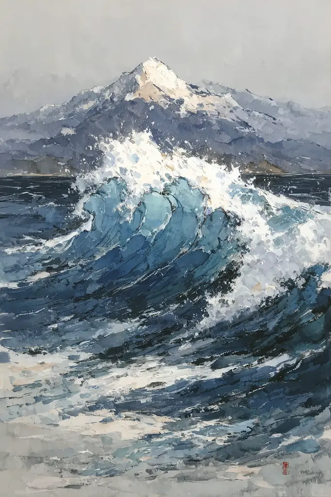 Midjourney generated image using SREF code Wobblebristle: A painting of a large wave in the ocean with a mountain in the background.
