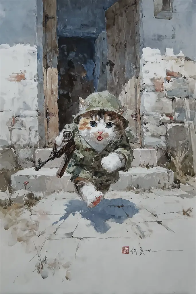 Midjourney generated image using SREF code Wobblebristle: A painting of a cat wearing a military uniform and holding a rifle.
