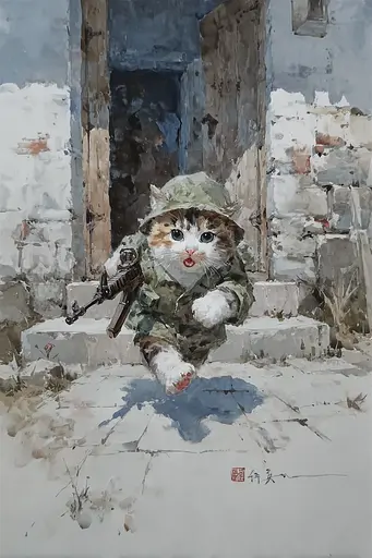 Midjourney generated image using SREF code Wobblebristle: A painting of a cat wearing a military uniform and holding a rifle.