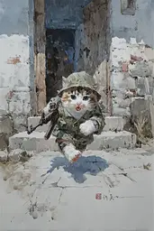 Midjourney generated image using SREF code Wobblebristle: A painting of a cat wearing a military uniform and holding a rifle.