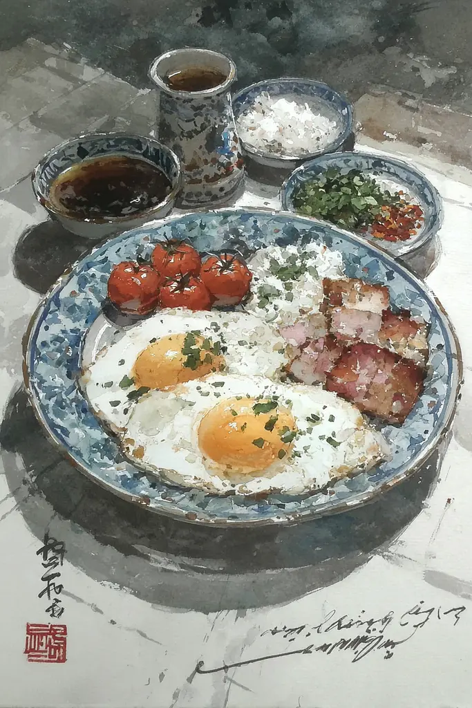 Midjourney generated image using SREF code Wobblebristle: A painting of a plate of food on a table.
