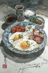 Midjourney generated image using SREF code Wobblebristle: A painting of a plate of food on a table.