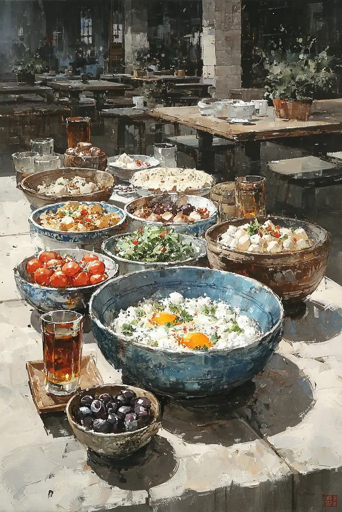 Midjourney generated image using SREF code Wobblebristle: A painting of many bowls of food on a table.