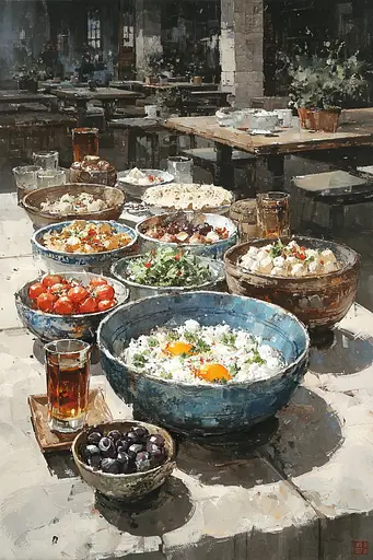 Midjourney generated image using SREF code Wobblebristle: A painting of many bowls of food on a table.