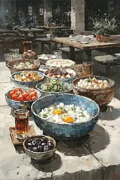 Midjourney generated image using SREF code Wobblebristle: A painting of many bowls of food on a table.