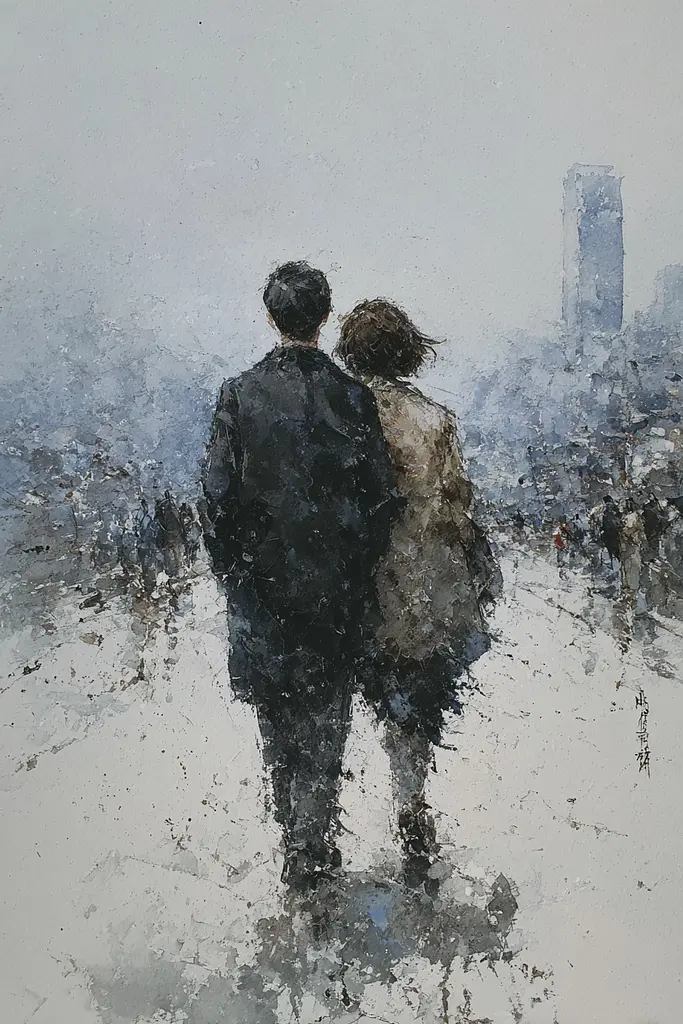 Midjourney generated image using SREF code Wobblebristle: A painting of a man and a woman walking in the snow.