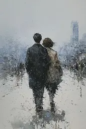Midjourney generated image using SREF code Wobblebristle: A painting of a man and a woman walking in the snow.