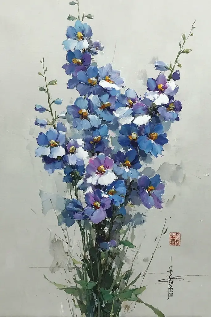 Midjourney generated image using SREF code Wobblebristle: A painting of blue and white flowers in a vase.