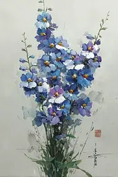 Midjourney generated image using SREF code Wobblebristle: A painting of blue and white flowers in a vase.