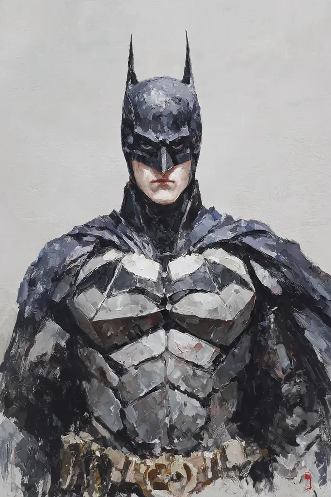 Midjourney generated image using SREF code Wobblebristle: A painting of a man dressed as a batman.