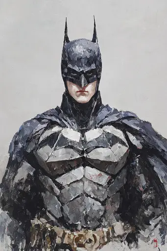 Midjourney generated image using SREF code Wobblebristle: A painting of a man dressed as a batman.