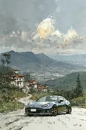 Midjourney generated image using SREF code Wobblebristle: A painting of a car parked on the side of a road.