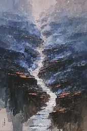 Midjourney generated image using SREF code Wobblebristle: A painting of a river running through a rocky landscape.