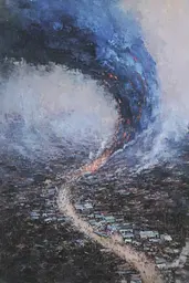 Midjourney generated image using SREF code Wobblebristle: A painting of a large wave crashing over a city.