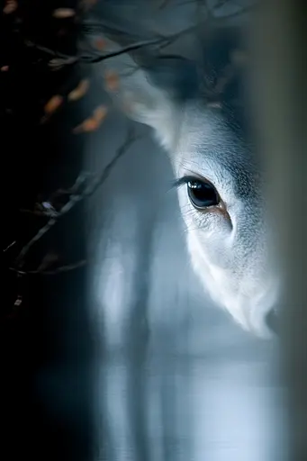 Midjourney generated image using SREF code Whispering Silhouettes: A close up of a deer's eye peeking out from behind a fence.