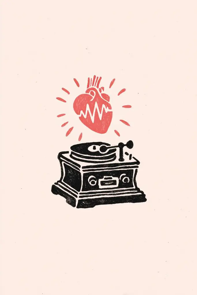 Midjourney generated image using SREF code Mythosurge: A drawing of a record player with a heart on it.
