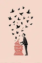 Midjourney generated image using SREF code Mythosurge: A man standing in front of a gramophone surrounded by birds.
