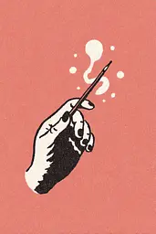 Midjourney generated image using SREF code Mythosurge: A hand holding a pen with a thought bubble above it.