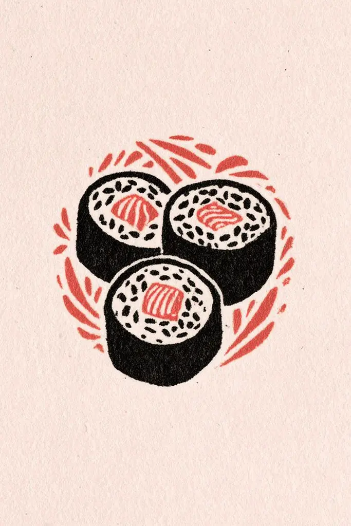 Midjourney generated image using SREF code Mythosurge: A drawing of three sushi rolls on a plate.